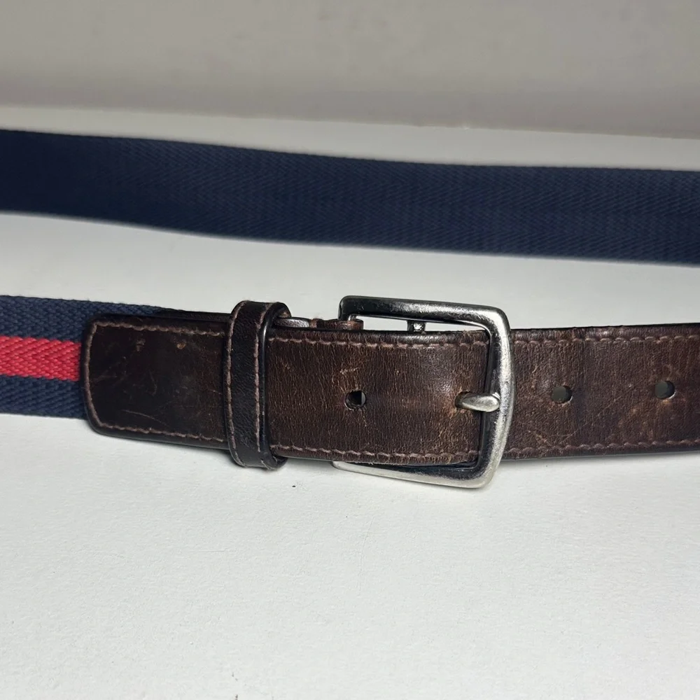Coach Men's Brown Leather Belt with Navy and Red Stripe solid brass